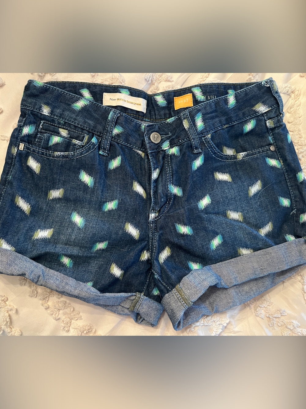 Pilcro and the Letterpress Dark Blue Denim Shorts with Teal and White Print